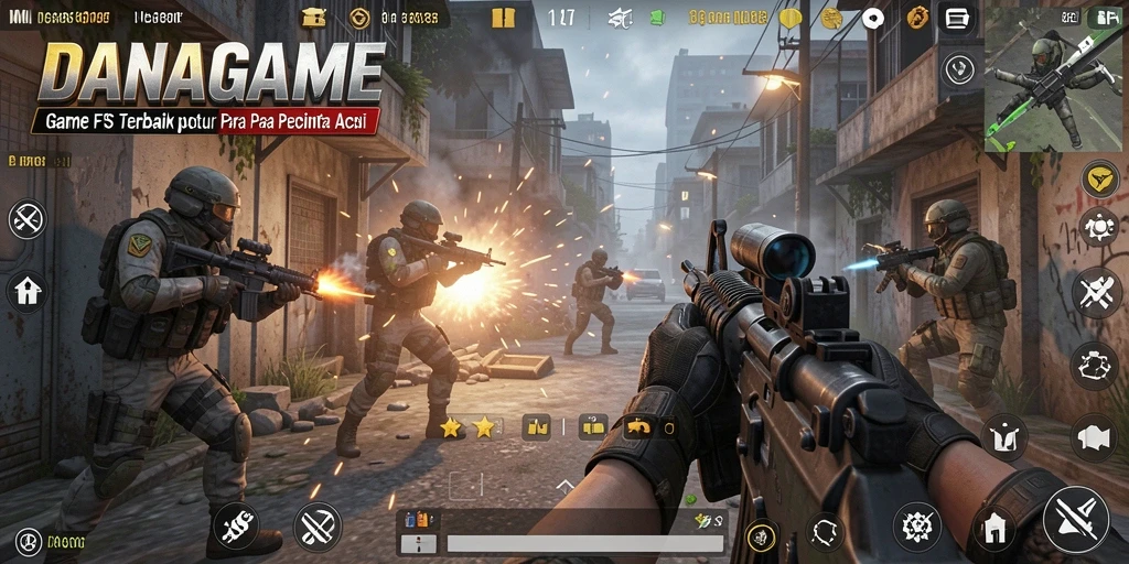 Menampilkan aksi gameplay intens dalam DANAGAME FPS.