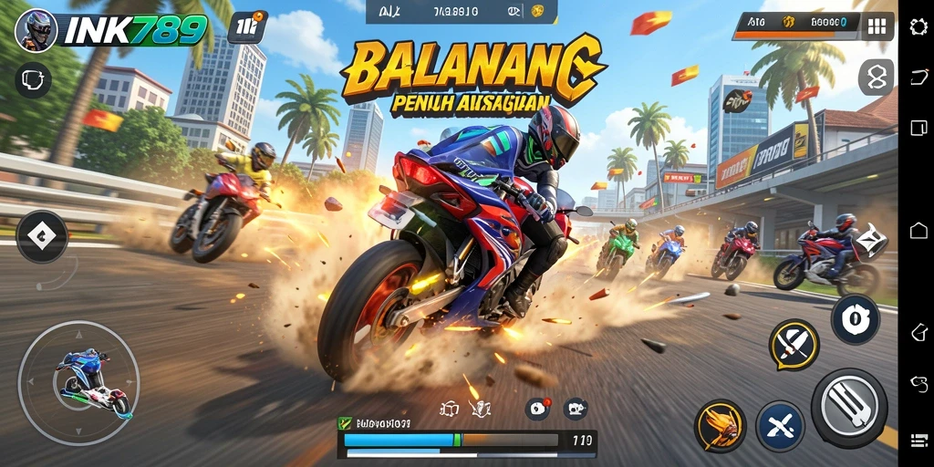 Screenshot gameplay INK789 yang menampilkan adrenalin balapan motor.