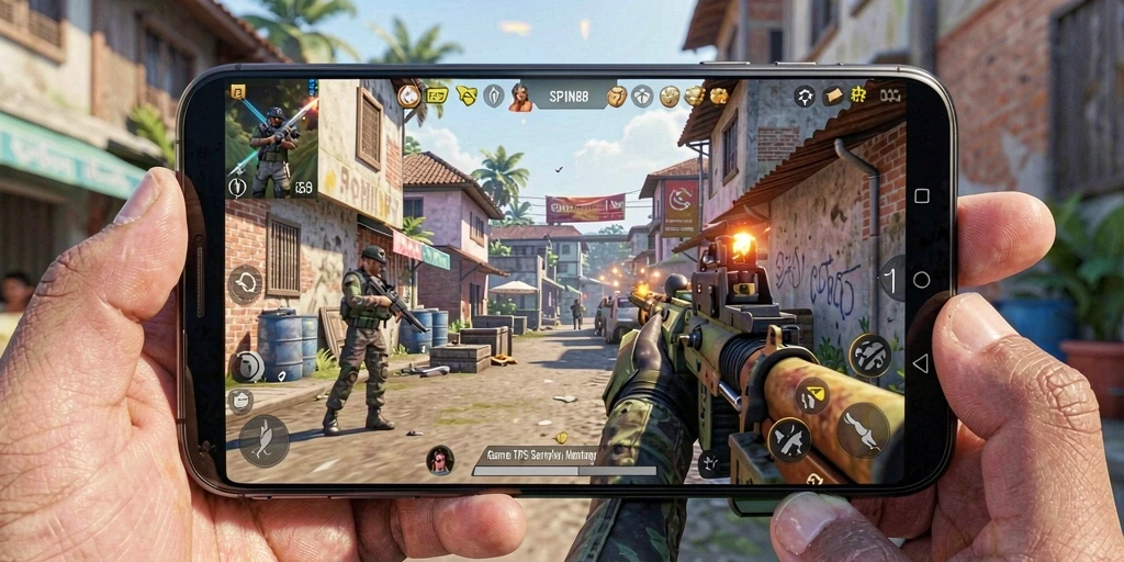 Screenshot menampilkan aksi mendebarkan dalam gameplay TPS SPIN88.